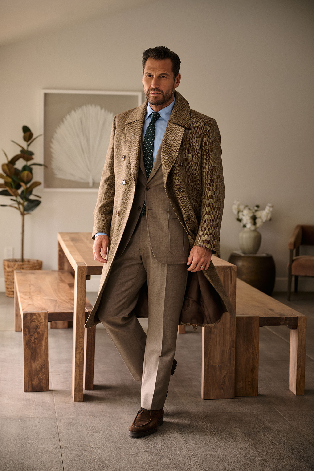 Tan Herringbone Tweed Topcoat