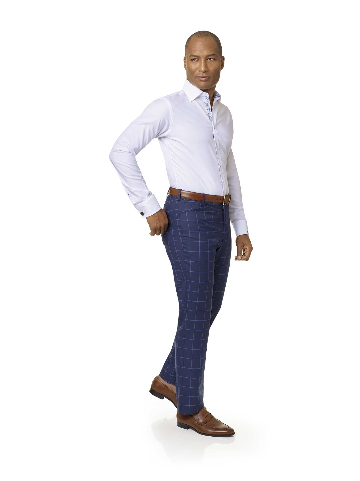 Men's Custom Clothing                                                                                                                                                                                                                                     , Navy Windowpane 5-Pocket Pant