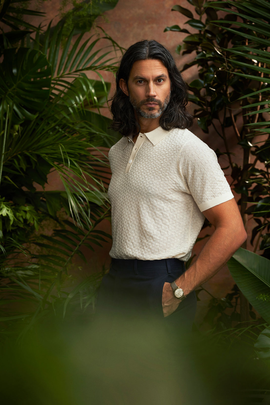 Ivory Basket Weave Havana Button Polo