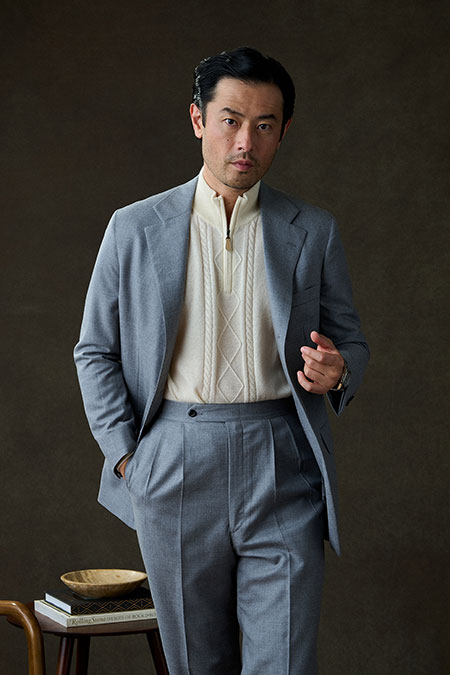 Light Gray Flannel Suit With Fisherman Cable 1/4 Zip Knit