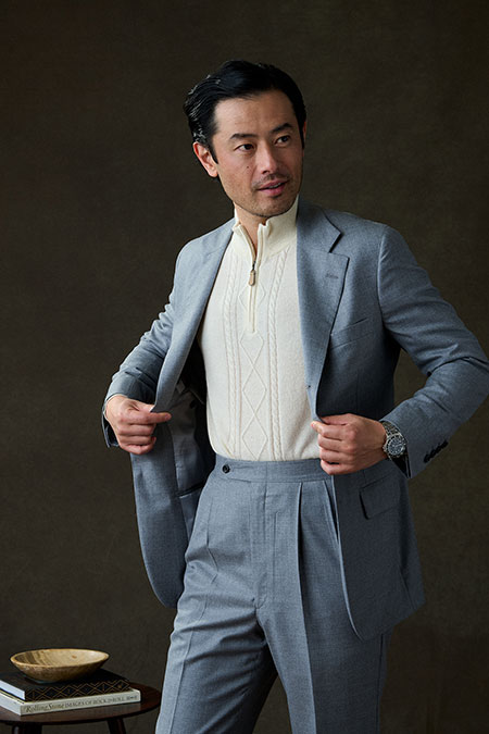 Light Gray Flannel Suit With Fisherman Cable 1/4 Zip Knit