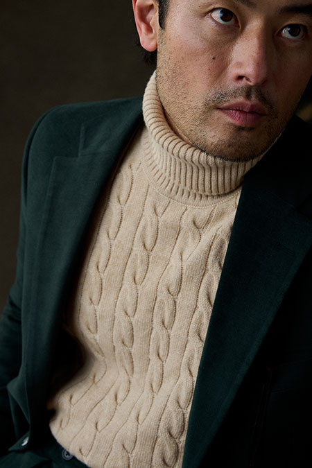 Green Moleskin Suit With Camel Cable Knit Turtleneck