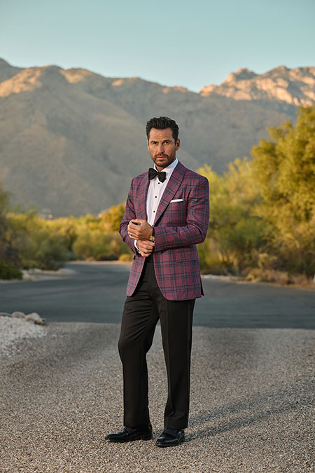 Men's FW26 Lookbook                                                                                                                                                                                                                                       , Burgundy Tartan Dinner Jacket