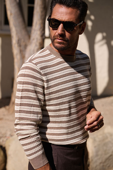 Brown Striped Open Knit Long Sleeve Tee